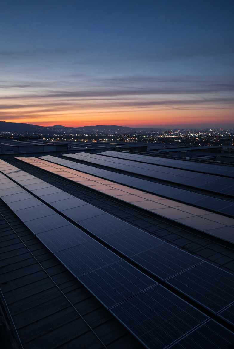 Techo industrial con paneles solares al atardecer