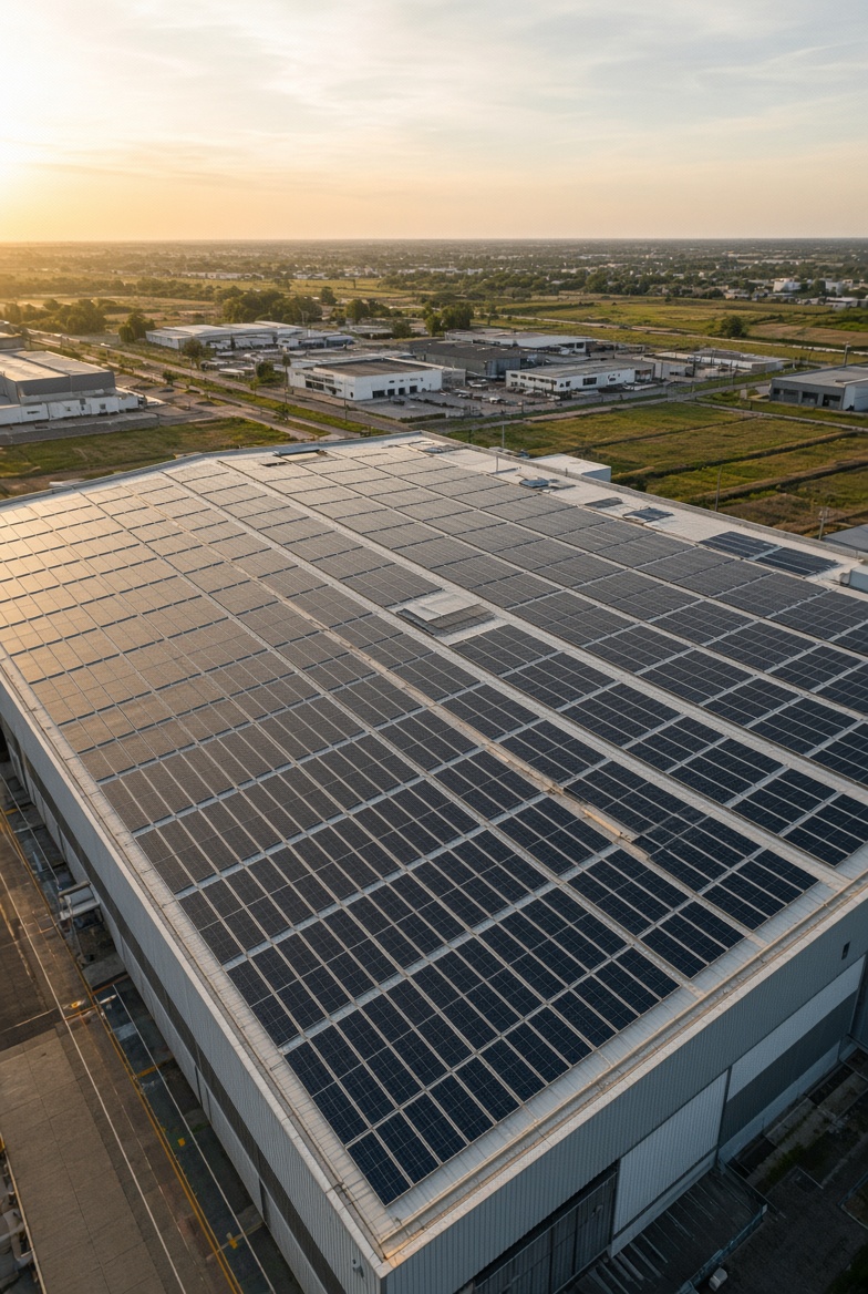 Nave industrial con paneles solares en techo